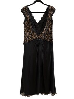Tadashi Collection Black Nude Lace Beaded Silk V-Neck Dress Size 12